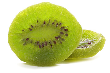 Close up of Dried dried kiwi fruit isolated on white background. Sweet and sour dried kiwi.