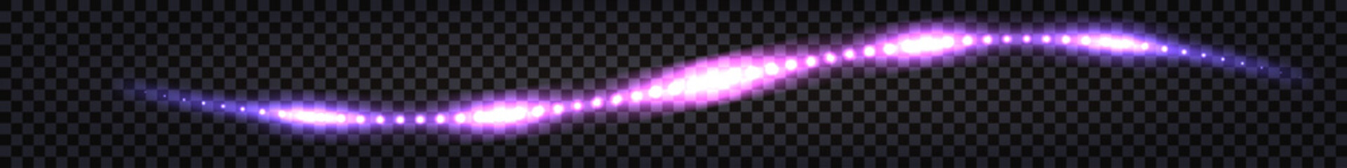 Neon glowing wave swirl, laser beam, light effect. Thunder bolt, electric shiny flash strike. Purple and blue spark curve line isolated on transparent background. Vector illustration