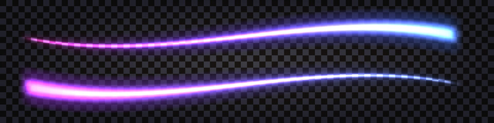 Glowing laser beam; neon wavy swoosh with  light thunder bolt effect. Purple to blue gradient; electric impulse dynamic; line.  Techno futuristic energy ray; isolated element. Vector illustration