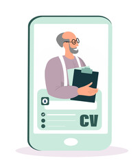 Recruitment,Choosing Candidate Concept.Old Aged Man Seeker Character Having an Online Interview,Job Applicant in Smartphone Screen.Appointment with CV in Hands.Employment Process.Vector Illustration