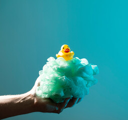 rubber duck in a bath. Funny photo. Duck toy. 