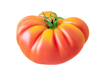 ribbed unusual delicious and juicy fresh tomato isolated on a white background with paths. Organic products are not of perfect shape and color