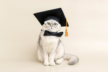 A funny white cat in a graduates hat and glasses, sitting on a beige background