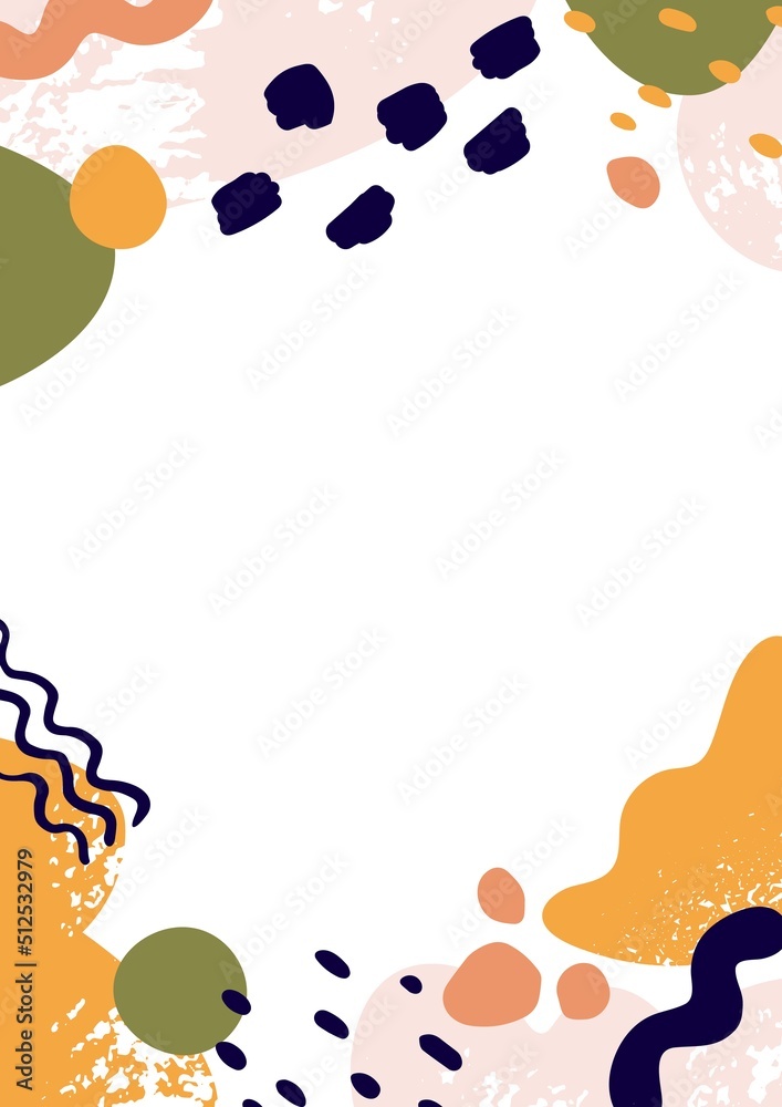 Poster Modern background design with abstract shapes frame. Vertical banner with random creative elements pattern. Card with fluid brush strokes, blobs in minimalist style. Colored flat vector illustration