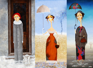 oil painting, young girl on the street,  middle times, summer and winter, 3 in 1. poverty and wealth - 512533301