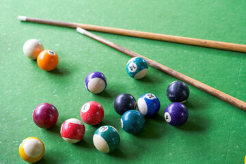 Billiards and pool cues on the pool table