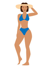 Young beautiful woman with blue bikini and a hut.