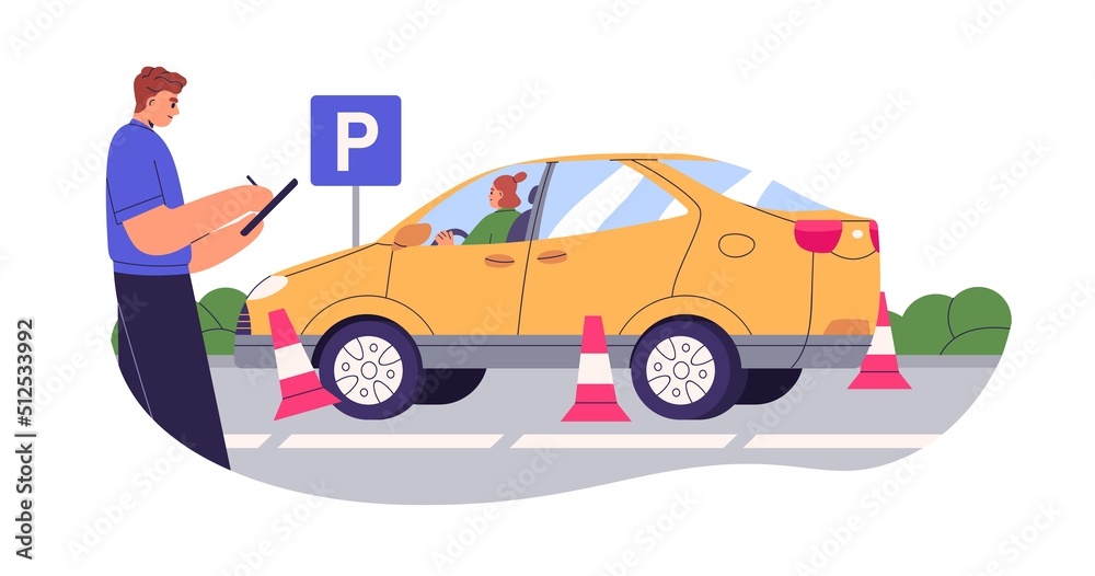 Poster driver beginner learning, studying behind steering wheel in car. woman student passing exam, parking