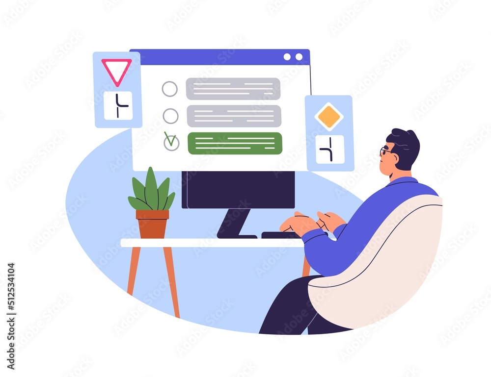 Poster person passing driver test, sitting at computer screen. man student learner answering questions abou