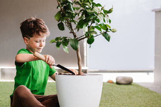 Boy pouring soil with shovel into flowerpot