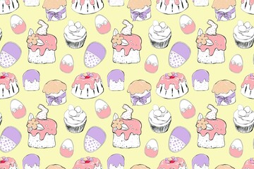 Sweet seamless pattern with cute Easter eggs and sweet dessert. Cute Easter in cartoon style, hand painting illustration