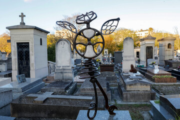 Montparnasse cemetery (French : cimetiere du Montparnasse), Paris, France. Sculpture on a grave.