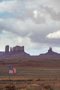 Scenic mountain in highland with USA flag