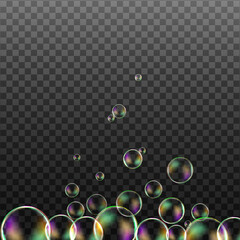 Set of transparent soap bubbles on checkered background.Reaistic colored balls.Vector texture.