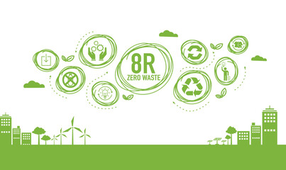 Fototapeta na wymiar Zero waste and reuse, recycle, repair, reduce, rethink, recover, regift, refuse symbols vector illustration set with simple flat green signs for eco friendly materials and environmental concept.