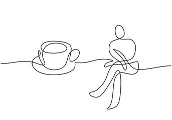 One continuous single line of hand drawn with relaxed people sitting drinking coffee isolated on white background.