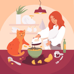 Girl cooking at home kitchen, cat sitting on table vector illustration. Cartoon woman confectioner holding electric mixer with whisk to make cream or dough for pancakes or baking cake background