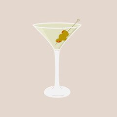 Classic Martini Cocktail in glass garnished with green olives on skewer. Summer aperitif retro elegant card. Alcoholic beverage minimal trendy design. Vector flat illustration isolated on background.
