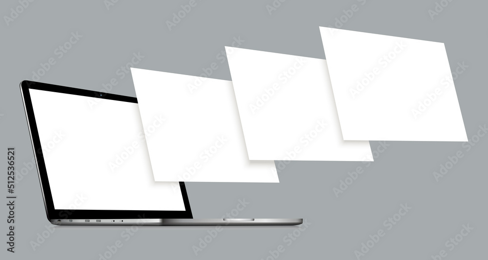 Wall mural laptop mockup with blank wireframing pages. concept for showcasing web design projects.