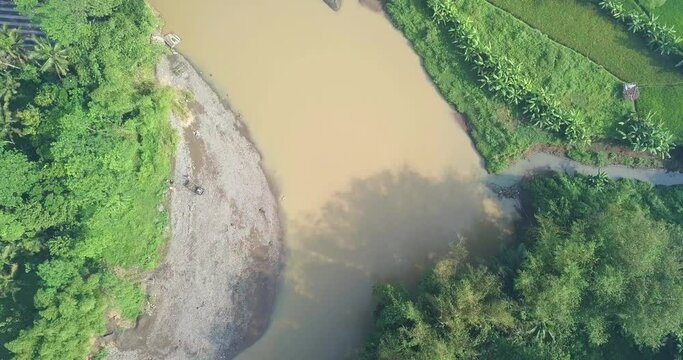 Big river with brown water surrounded by dense of trees. There are coconut trees and bamboo trees on the riverside. Central Java, Indonesia