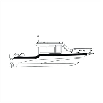 recommend clip art: High quality side view line drawing of sea vessel. Black and white art treatment. Speed board line art illustration