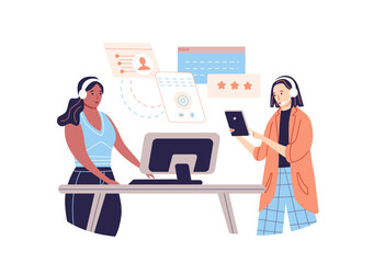 Customer support managers wearing headphones advising client online
