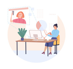 Business woman communicating with partner online in office