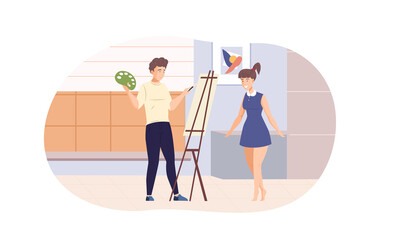 Male artist drawing portrait of girl on canvas at workshop