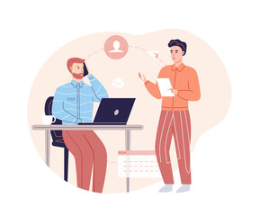 Businessman sitting at office desk giving tasks to personal assistant