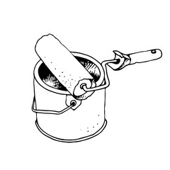 Paint roller on a bucket of paint, vector hand drawn illustration, isolated on a white background