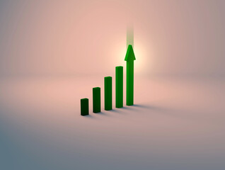 Stock market growth chart in green with upward arrow and growth indicator.