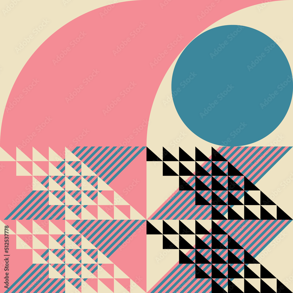 Poster Modern abstract geometric  vector seamless pattern with simple elements and shapes like circle, square and triangle. Graphic pastel colored minimalist background.