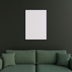 Minimalist portrait black poster or photo frame in modern living room wall interior design with sofa. 3d rendering.