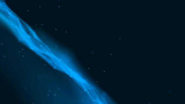 Animated neon background frame. Moving flow of wave cosmic energy. Pattern plex lines, dot, chaotic particles. Northern lights. Milky Way. Shimmer star. LED strip. Intro logo, technology, business. 4k