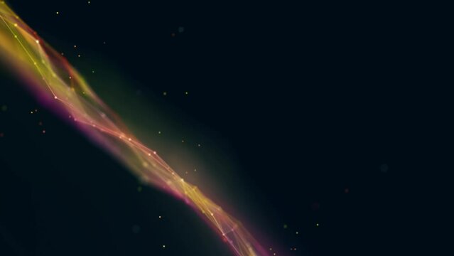 Animated neon background frame. Moving flow of wave cosmic energy. Pattern plex lines, dot, chaotic particles. Northern lights. Milky Way. Shimmer star. LED strip. Intro logo, technology, business. 4k