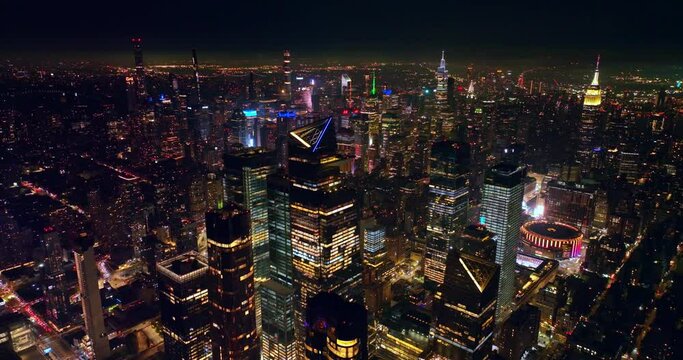 Breath-taking view of scenic New York at night. Drone footage over the endless panorama of never sleeping metropolis.