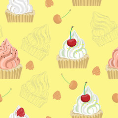 seamless pattern with cupcakes, cherries, raspberries on a yellow background. vector graphic