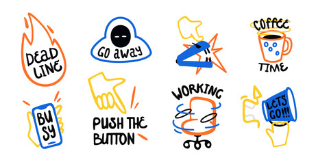 Big set of vector sticker doodle icons. Office work, employee, IT-specialist. Vector illustration. Push the button, coffee, busy, phone in hand, swivel office chair.