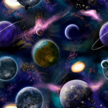 seamless pattern with the image of space, planets, stars, nebulae. realistic galaxy