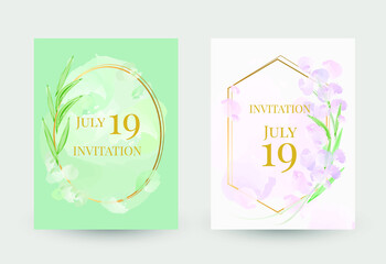 Luxury wedding invitation card background with golden line art flower and botanical leaves, Organic shapes, Watercolor.