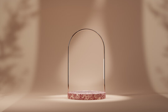 Display podium on light brown background. Pedestal with copper arch, elegant showcase scene with empty stage for beauty, cosmetic product presentation. With copy space, brown beige cream red template.