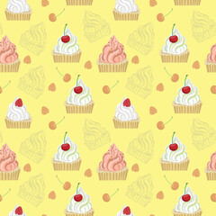 seamless pattern with cupcakes, cherries, raspberries on a yellow background. Illustration