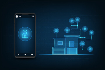 Vector smart home with smart phone technology concept.