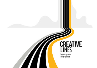 Future lines in 3D perspective vector abstract background, black and yellow linear composition, road to horizon and sky concept, optical illusion op art.