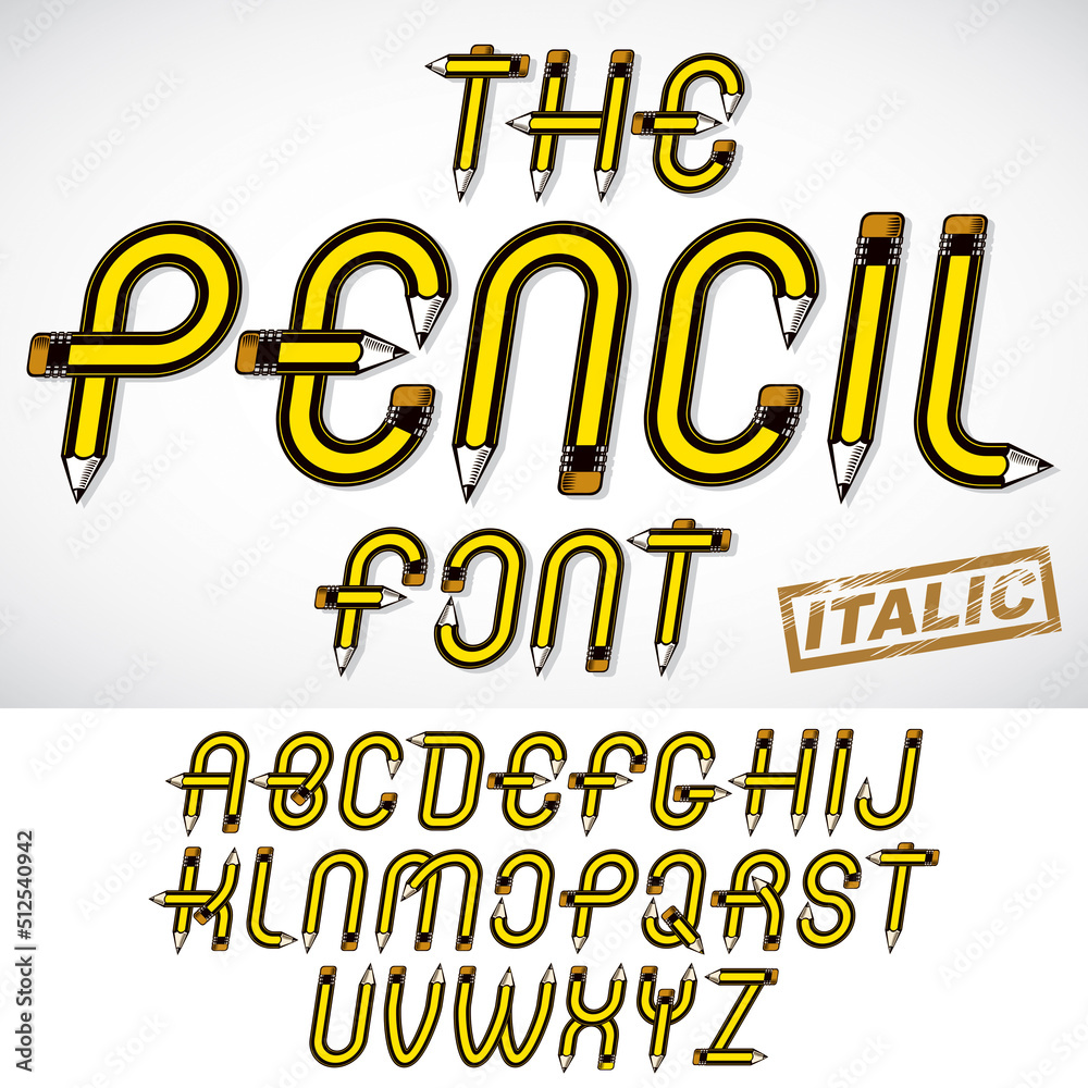 Fototapete vector script, trendy alphabet letters set created with pencils, education idea. for use in reportin
