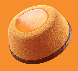 Orange gummy jelly filled on sponge cake. Isolated on background. delicious pie.