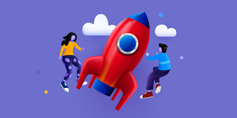 People flying around big rocket. Startup and starting business concept. Web page, banner, presentation. Business project startup process