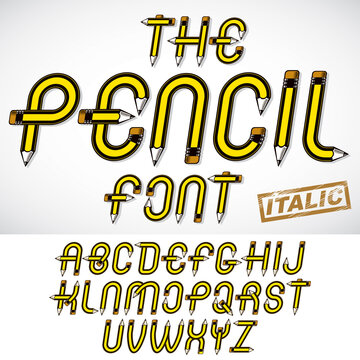 Vector script, trendy alphabet letters set created with pencils, education idea. For use in reporting and journalism.