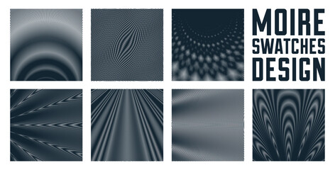 Moire vector abstract backgrounds set, linear contrast virtual digital effect images, hypnotic texture, optical art trendy modern style, black and white distorted grid.