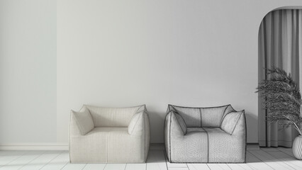 Architect interior designer concept: hand-drawn draft unfinished project that becomes real, living room with armchairs close up, plaster wall and wooden floor. Niche with curtains